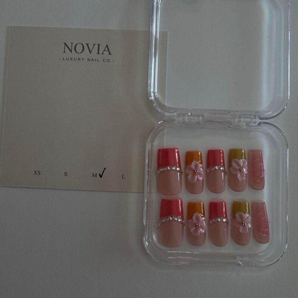 Pink & Orange French Tip Press On Nails | 3D Flower & Rhinestone | Size Medium